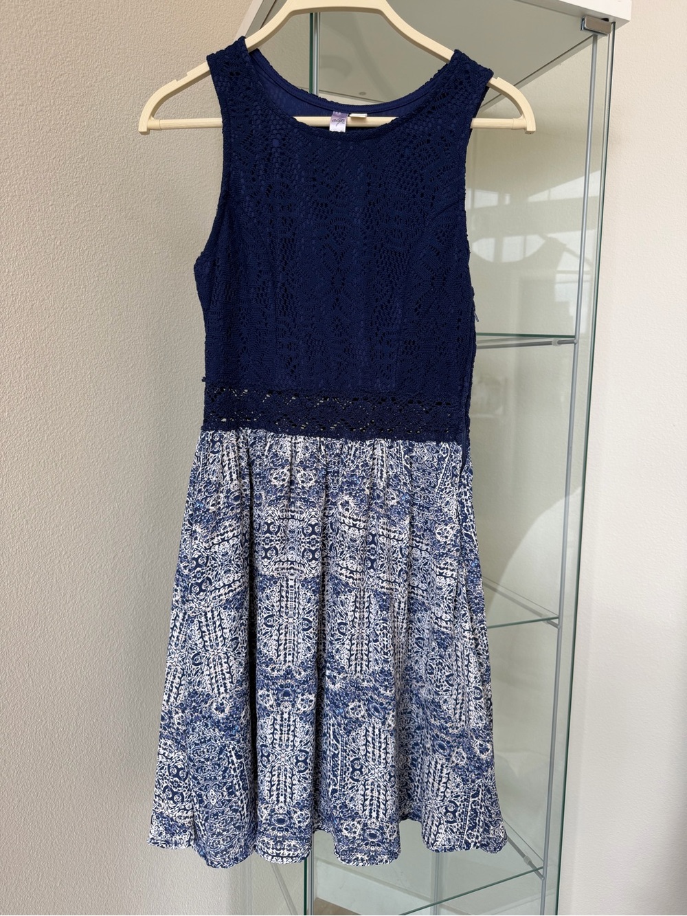 Alya Navy Crochet Bodice Blue Patterned Skater Dress